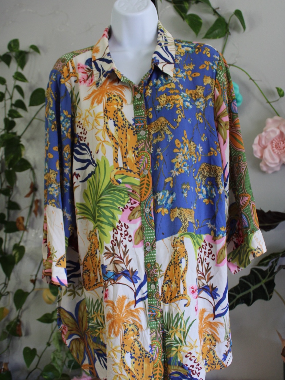 Rose + Olive 1X Patchwork Leopard Tropical Print Oversized Button Down Shirt - Picture 5 of 12